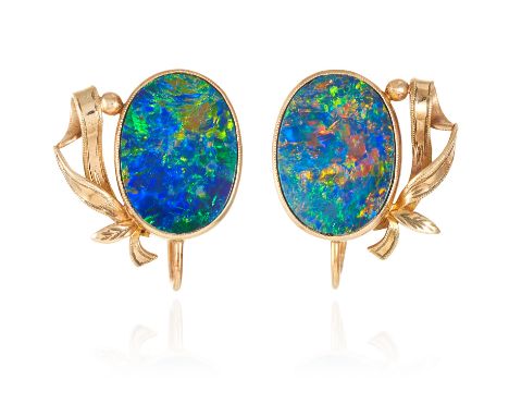 A PAIR OF BLACK OPAL EARRINGS in yellow gold, each comprising of an oval black opal in floral and ribbon design, stamped 9ct,