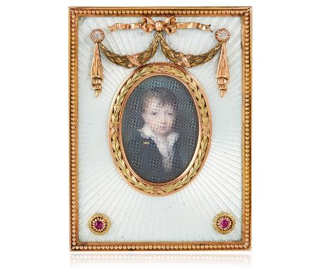 AN ANTIQUE RUBY, DIAMOND AND ENAMEL MINIATURE FRAME, HENRIK WIGSTROM FOR FABERGE, CIRCA 1905 in yellow gold, comprising of an
