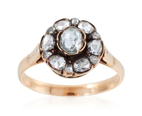 AN ANTIQUE DIAMOND CLUSTER RING, 19TH CENTURY in high carat yellow gold, the central rose cut diamond of 5.5mm within a borde