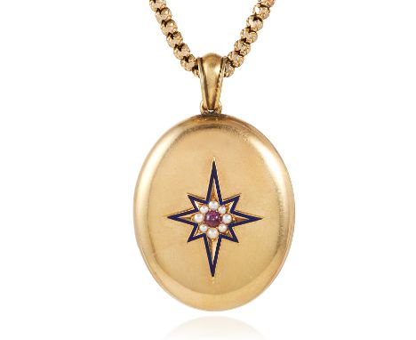 AN ANTIQUE GARNET, PEARL AND ENAMEL LOCKET in high carat yellow gold, set with a cabochon garnet, pearls and enamel in star m