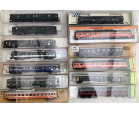 N Gauge: A collection of thirteen N Gauge coaches to include: Fleischmann, Trix, Lima. Arnold. &nbsp;All boxed, some with inc