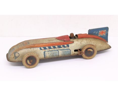 Tinplate: A Wells Brimtoy, Land Speed Record Car, clockwork mechanism, tinplate vehicle. Showing signs of age. Mechanism in n