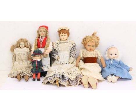 Dolls: A collection of assorted dolls to include: Chad Valley; two vintage wax dolls, the larger one having a damaged right h