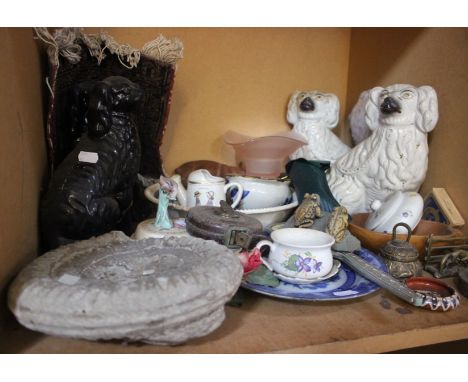 A mixed lot; an ammonite, two pairs of Staffordshire Pottery dogs, tape measure, etc (one shelf)