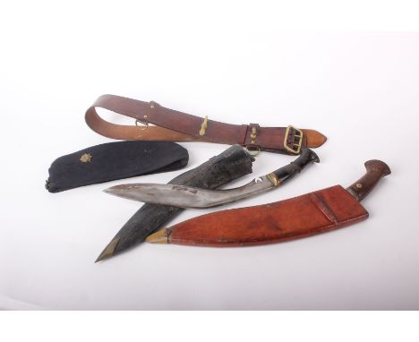 Militaria: An Indian army side cap with buttons and badge, an Indian bush knife in leather scabbard, a Kukri (3 knife set) in