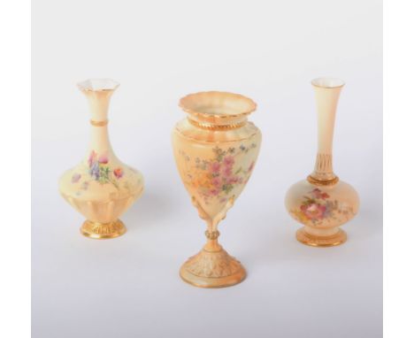 Three Royal Worcester vases all similarly flower painted on blush ivory ground, shape 1733, 1538 and 2314, all unsigned, larg