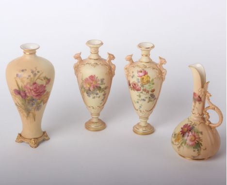 Four pieces of Royal Worcester; three small vases and a ewer all flower painted on blush ivory ground, shape F107, 1143, 1764