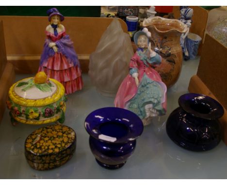 Two Royal Doulton figures: Spring Morning (HN1922), Victorian Lady (HN728), a frosted glass lamp shade, two blue glass vases 