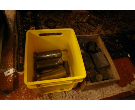 Eight brass cased clock weights and other weights, mostly for wall clocks