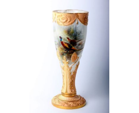 A Royal Worcester flared vase painted two pheasants, signed James Stinton, numbered 1047/G to base, h: 22cm