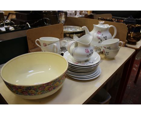 An 18-piece part Doulton 'Pillar Rose' tea set, a Clarice Cliff bowl with wide floral band to the rim and three other items