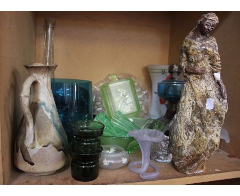 A Victorian oil lamp base with a green glass reservoir and other glass ware etc. (one shelf) 