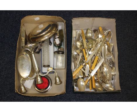 A collection of silver, including a modern round two branch candelabrum, Birmingham 1988; a shaped-square trinket box embosse