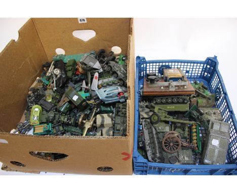 Two boxes mostly Dinkey and Matchbox army vehicles and a toy cannon etc.  Play worn
