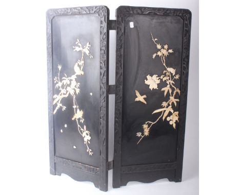 A banjo aneroid barometer, modern; a copper warming pan and a Chinese two section screen with bone flower and bird raised dec