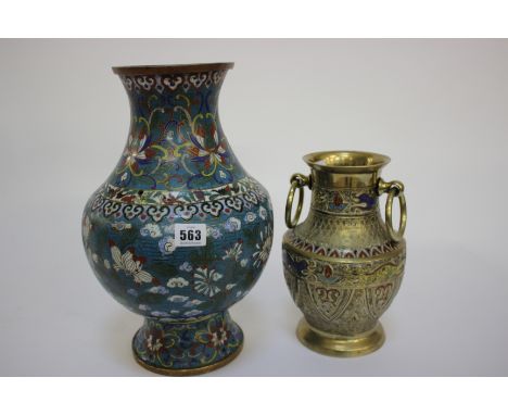 A large Cloisonné baluster vase, (height 36cm) and another brass and enamel vase, both 19th century