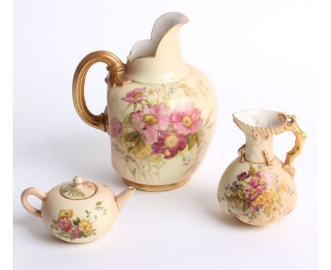 A Royal Worcester blush ivory jug with a compressed handle (hairline crack), shape no. 1094, h: 18cm, a Royal Worcester jug w