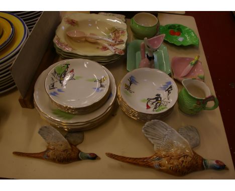 A Broadhurst 'Matador' part dinner service (18), two Beswick flying pheasants Crown Devon plate and other items