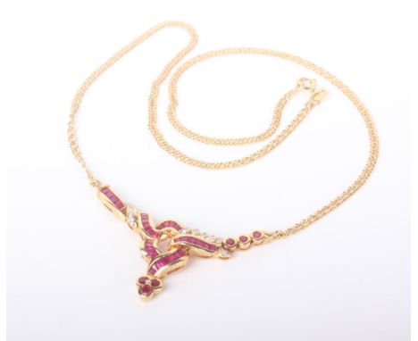 A Continental ruby and diamond necklace, the front designed as a series of interwoven calibre ruby scrolls and small diamond 