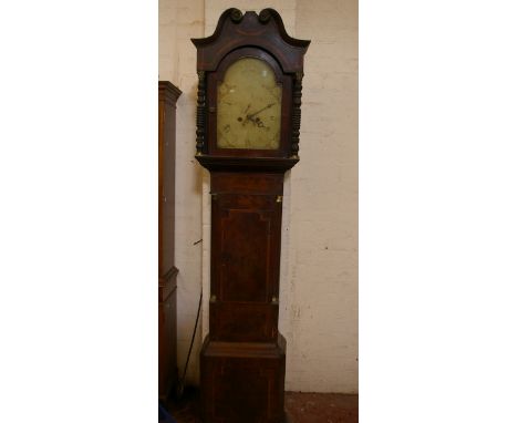 A 19th century long case clock with an arched enamel dial (worn), 8 day single bell striking movement in a cross banded case 