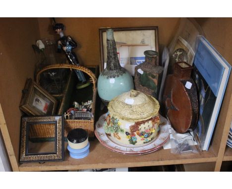 A mixed lot: Cutlery basket, books and pottery vases etc (one shelf)