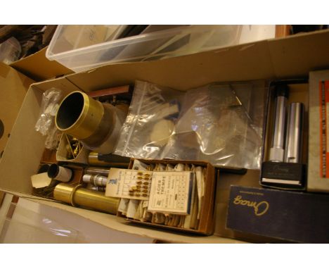 Assorted microscope parts and a box containing approximately 50 various thermometers (mostly centigrade) and barograph cards,