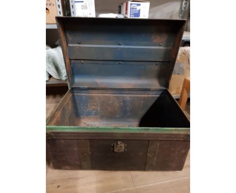 LARGE BRASS BOUND METAL TRUNK