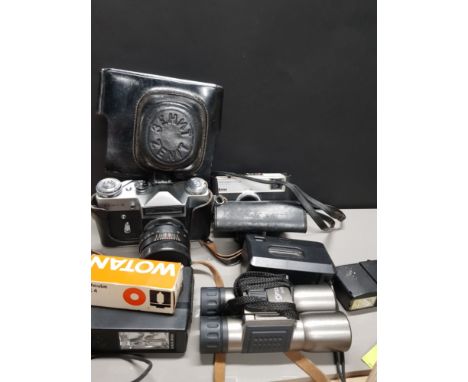 A LOT INC ZENIT E CAMERA AND ORIGINAL CASE KODAK INSTAMATIC 33 OPTUS 12X32 BINOCULARS ETC