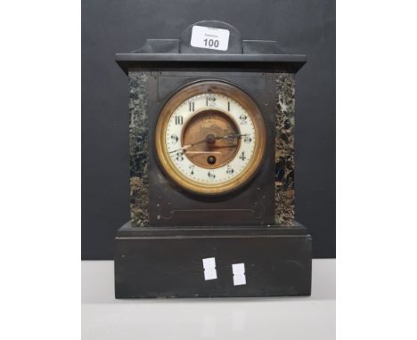 BLACK SLATE MANTLE CLOCK WITH BRASS DIAL PLUS PENDULUM