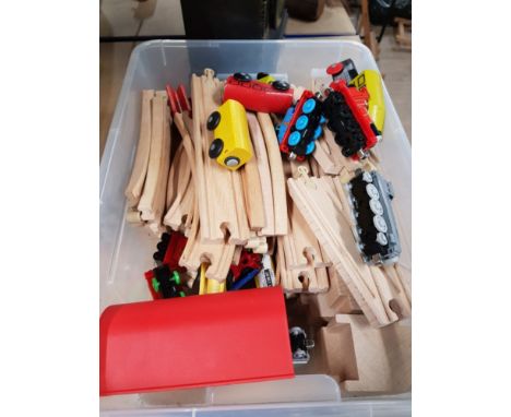 WOODEN TRAIN TRACK WITH ASSORTED TRAINS INC THOMAS THE TANK ENGINE SPENCER AND JAMES  ETC