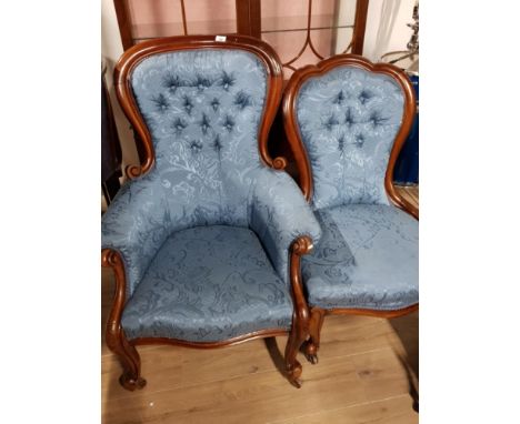 RE UPHOLSTERED CARVED WALNUT FRAMED VICTORIAN BUTTON BACKED CHAIRS IN BLUE FABRIC