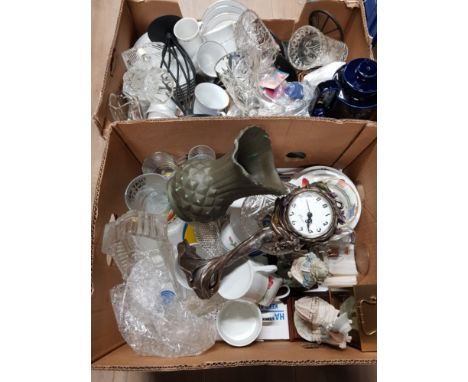 2 BOXES OF MISCELLANEOUS INC ART NOUVEAU FIGURED CLOCK GLASS POTTERY AND PORCELAIN