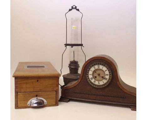 Single drawer till, oil lamp and a Napoleon shpaed mantel clock. Condition report: see terms and conditions.