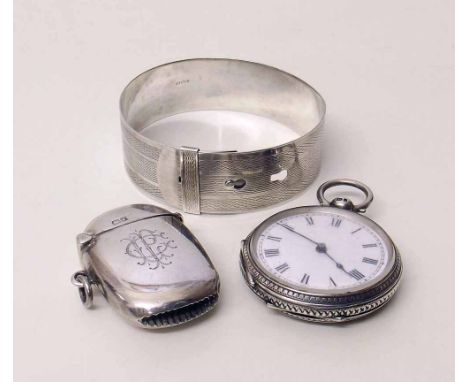 Silver cased fob watch, silver vestas case, silver bangle or collar. Condition report: see terms and conditions.