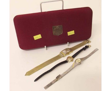 Helvetia rectangular wristwatch, 1960's, satin dial, on Milanese bracelet; lady's Omega gold plated wristwatch; Pierre Cardin