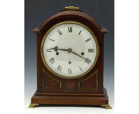 George III style mahogany bracket clock, the break arch case housing a white Roman dial and eight day movement by R&C chiming