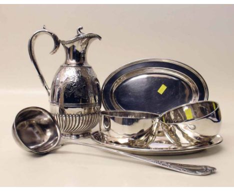 Two .925 sterling marked bowls, also a silver plated jug, ladle and two dishes. Condition report: see terms and conditions.