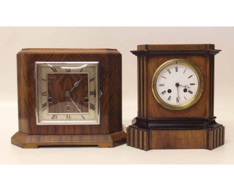 Walnut Art Deco 8-day mantel clock and Edwardian ditto. Condition report: see terms and conditions.