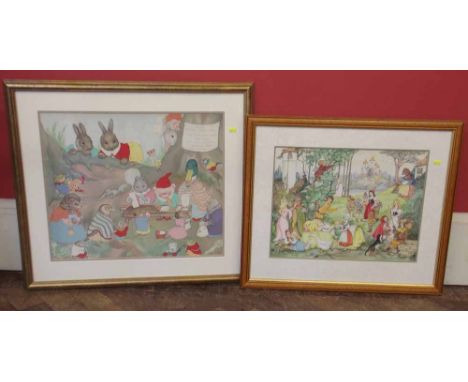 Patience Arnold, Fairytale Compendium, watercolour together with another large framed lithograph after Margaret Ross (2). Con