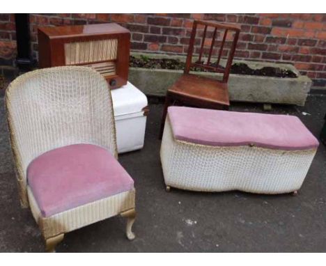 Lloyd Loom ottoman and chair, tin trunk, mains radio and country chair. Condition report: see terms and conditions.