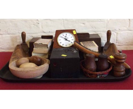 Four wooden eggs, similar bowl, two boxes, 8 packs of playing cards and treen etc. Condition report: see terms and conditions