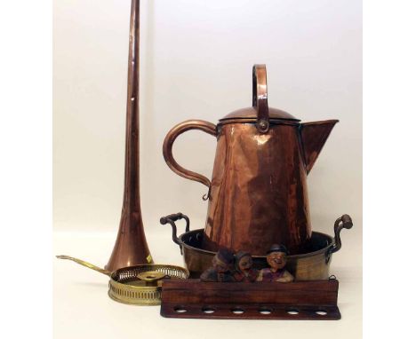 Copper ewer, skillet, posthorn, pipe rack, brass chamber candlestick. Condition report: see terms and conditions.