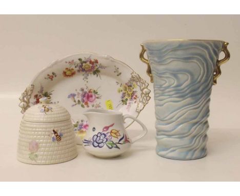 Collection of items, Beswick honey pot, Poole jug, Carlton vase and a Crown Derby twin handled dish. Condition report: see te