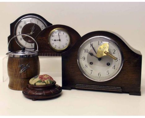 Three mantel clocks pin cushion etc. Condition report: see terms and conditions.