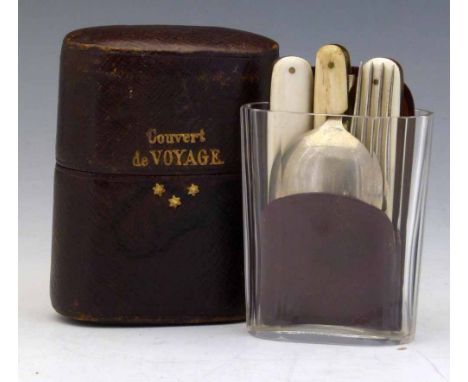 French Couvert de Voyage traveller's dining set of folding knife, fork and spoon with bone handles, and a drinking glass, in 