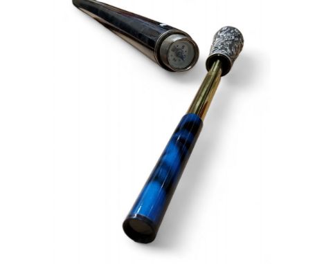 A novelty metamorphic ebonised walking stick,the white metal handle embossed with birds, foliage and ribbons,&nbsp; unscrews 