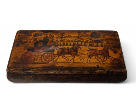A Regency penwork snuff box, hinged cover decorated with a coach and four, the base with dense scrolling flowers, 9cm wide, c