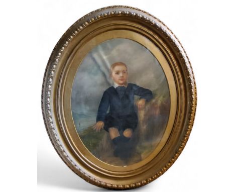 Maria J E Banting, 19th century, Victorian portrait of a young boy, signed, oil, oval, 44cm x 34cm,  framed