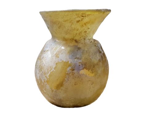 Antiquities - a Roman pale amber globular based flask, funnel neck, 9cm high, 3/4th century  Purchased from Parthenon Gallery
