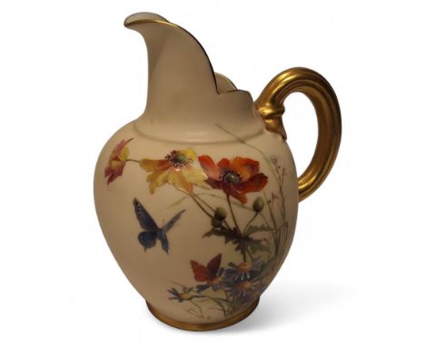 A Royal Worcester flat sided ovoid jug,&nbsp; printed and painted in the&nbsp;manner of Edward Raby, with wild flowers and bu